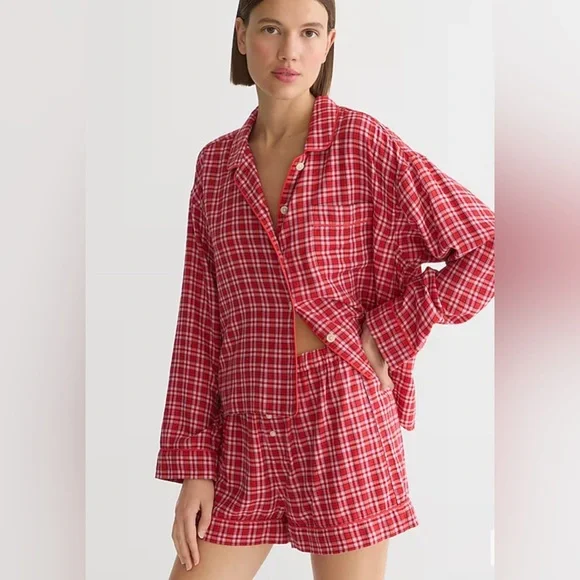 NWT jcrew long-sleeve pajama short set in tartan flannel - Picture 2 of 6